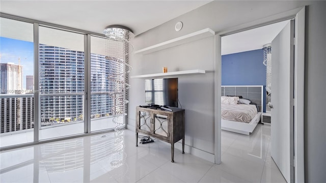 bedroom with light tile floors