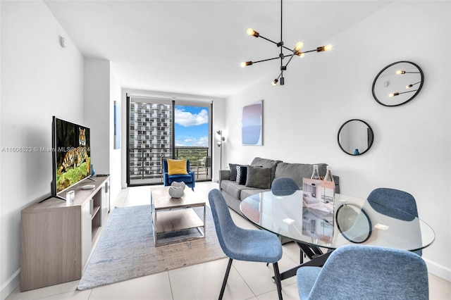 living room with light tile patterned flooring, floor to ceiling windows, and an inviting chandelier