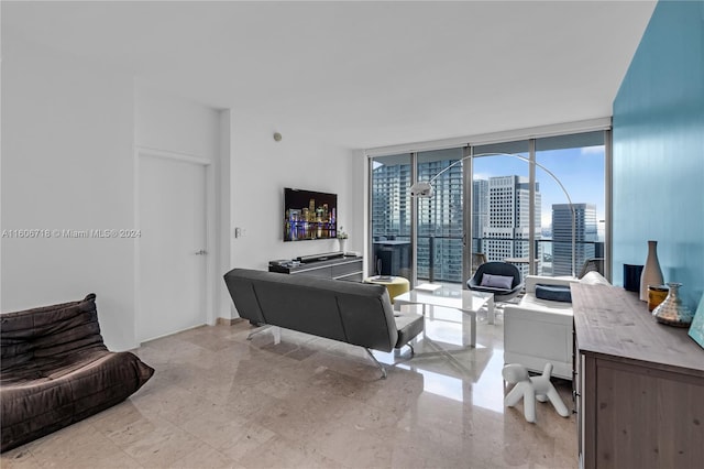 home office with expansive windows and light tile floors