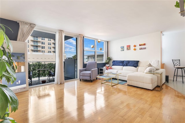 living room with light hardwood / wood-style floors and a wall of windows