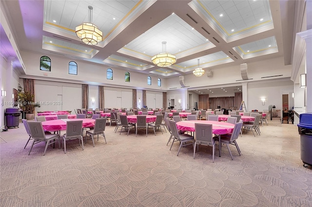 dining room featuring a high ceiling, crown molding, coffered ceiling, and light colored carpet