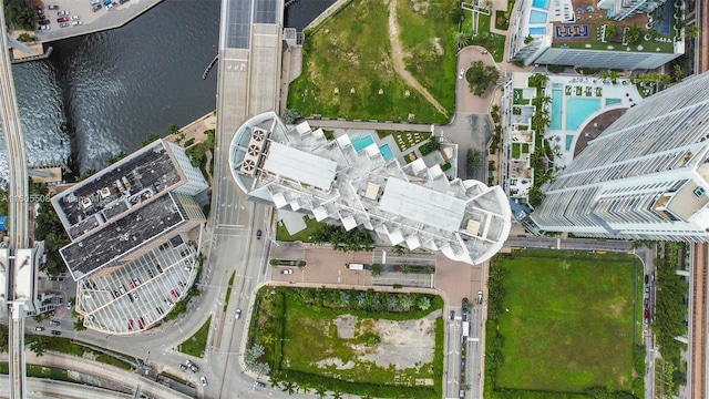 aerial view featuring a water view