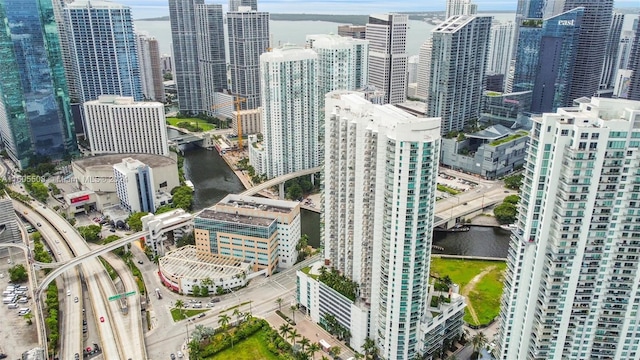 drone / aerial view featuring a water view and a city view