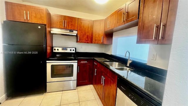 kitchen featuring dishwashing machine, sink, light tile patterned floors, electric stove, and black refrigerator