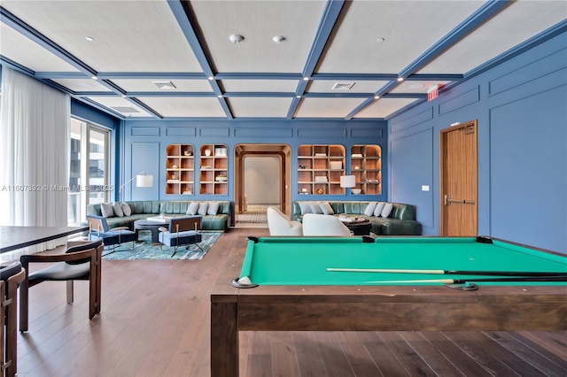 playroom with hardwood / wood-style floors, coffered ceiling, pool table, and beamed ceiling