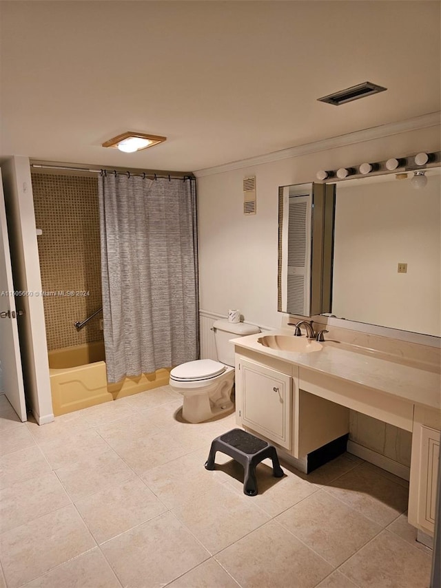 full bathroom with shower / bathtub combination with curtain, tile flooring, vanity, and toilet