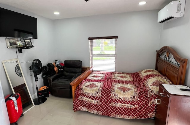 tiled bedroom with an AC wall unit