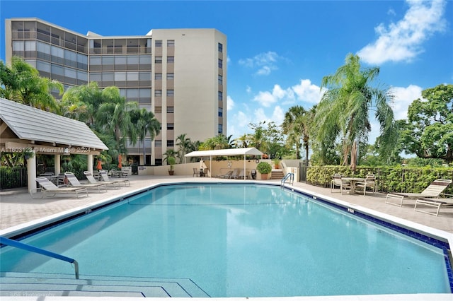 view of swimming pool featuring a patio area