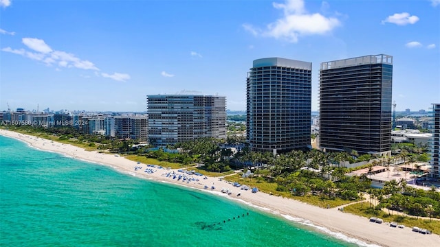 bird's eye view featuring a water view and a view of the beach