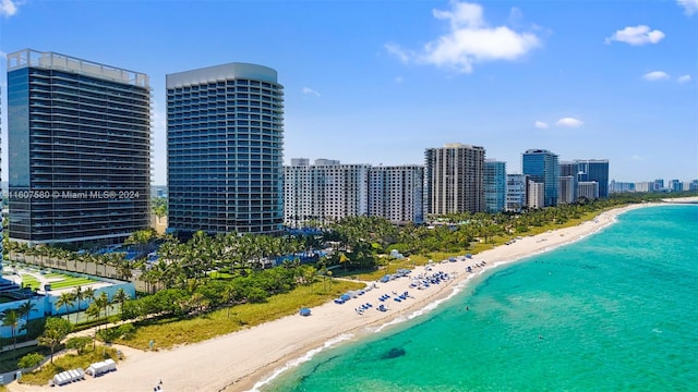 bird's eye view with a water view and a beach view