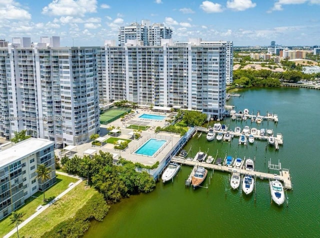 aerial view featuring a water view