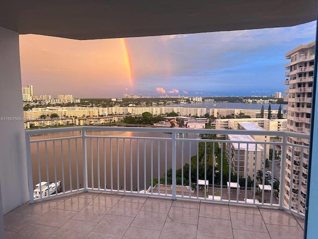 view of balcony at dusk