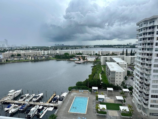 bird's eye view with a water view