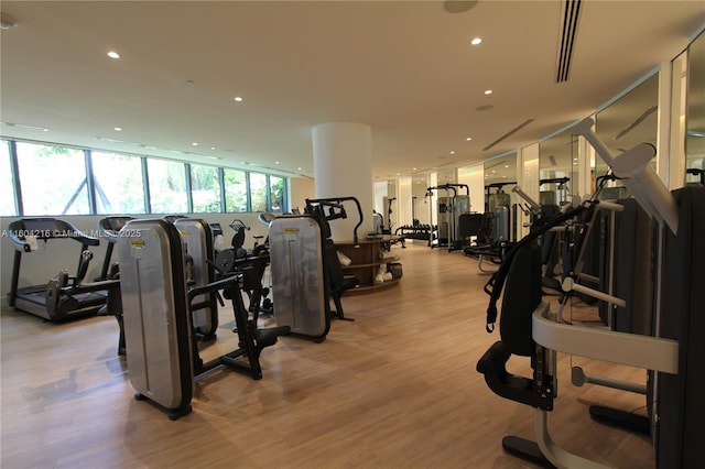 workout area with light wood-type flooring, a healthy amount of sunlight, and visible vents