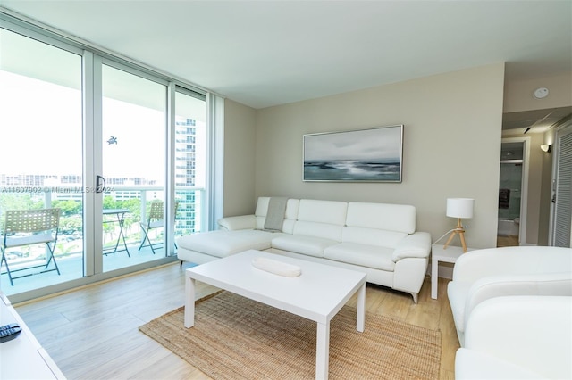 living room featuring plenty of natural light, expansive windows, and light hardwood / wood-style floors