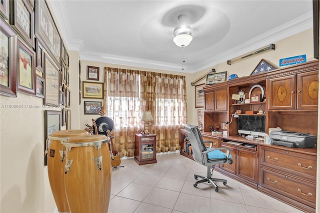 office area featuring light tile patterned floors, ceiling fan, and crown molding
