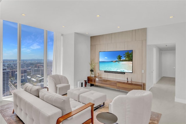 carpeted living room with a wall of windows