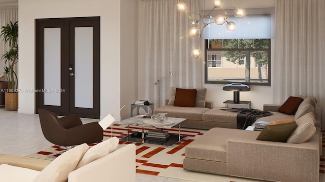 living room featuring french doors, a notable chandelier, and tile patterned flooring