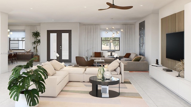 living room with light tile patterned flooring and ceiling fan with notable chandelier