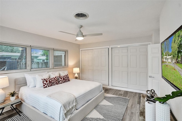 bedroom with hardwood / wood-style flooring, ceiling fan, and two closets