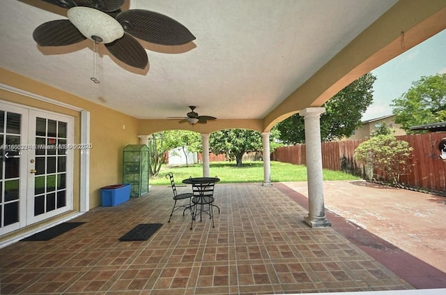 view of patio / terrace with ceiling fan and french doors