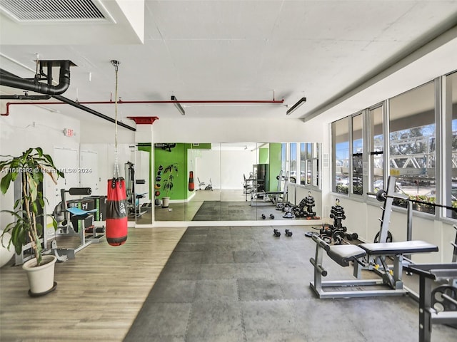 workout area with wood-type flooring