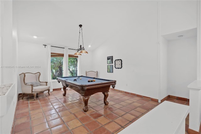 playroom with tile floors, billiards, and high vaulted ceiling