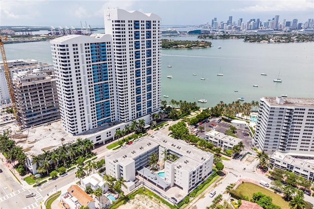 aerial view featuring a water view