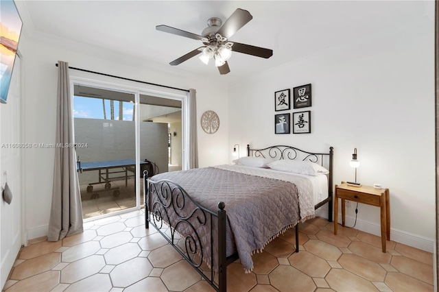 bedroom featuring ceiling fan and ornamental molding