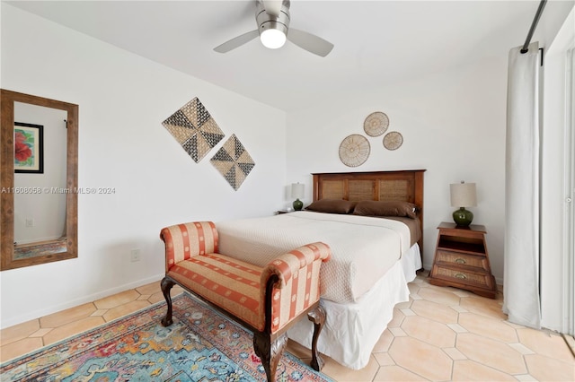 bedroom featuring ceiling fan and light tile patterned flooring