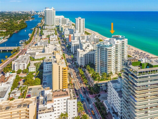 drone / aerial view with a water view and a view of the beach