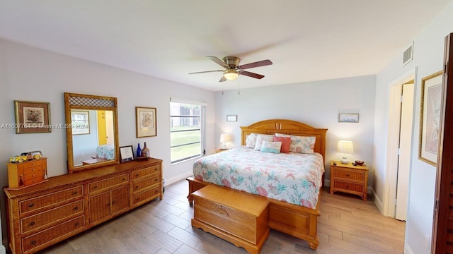 bedroom with ceiling fan and hardwood / wood-style flooring