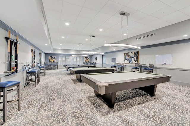 recreation room featuring pool table and light carpet