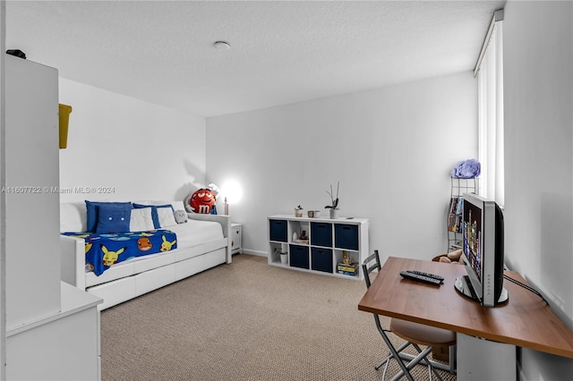 bedroom with carpet, a textured ceiling, and multiple windows