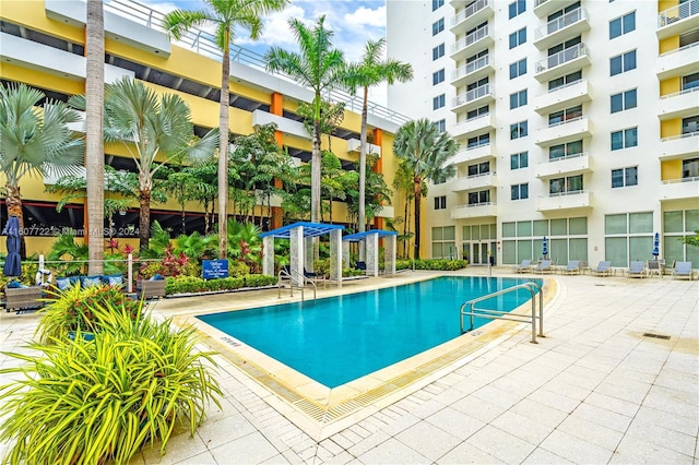 view of swimming pool featuring a patio