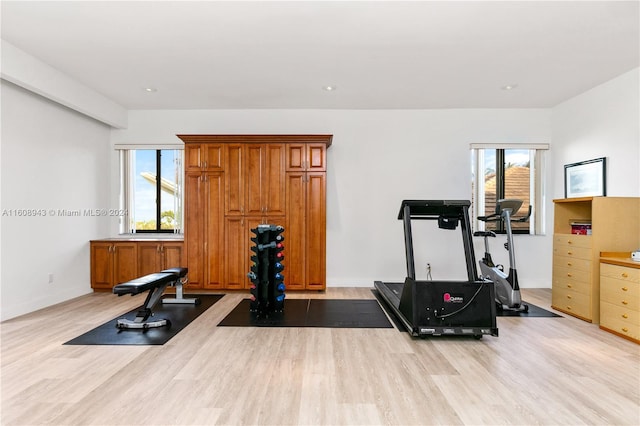 workout area with a wealth of natural light and light wood-type flooring