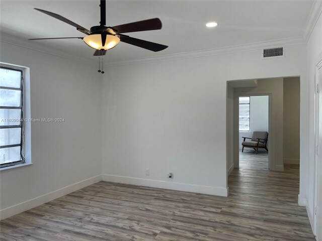 unfurnished room featuring ceiling fan, a wealth of natural light, and wood-type flooring