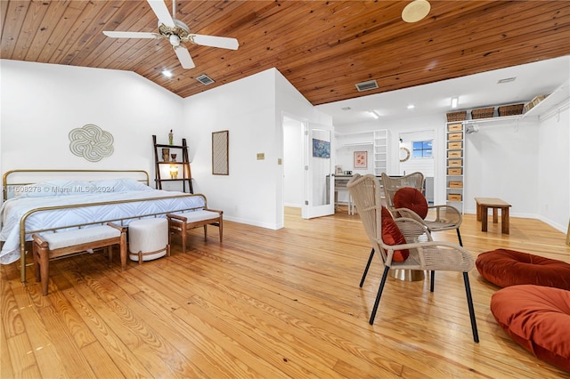 bedroom with wooden ceiling, ceiling fan, lofted ceiling, and light hardwood / wood-style flooring