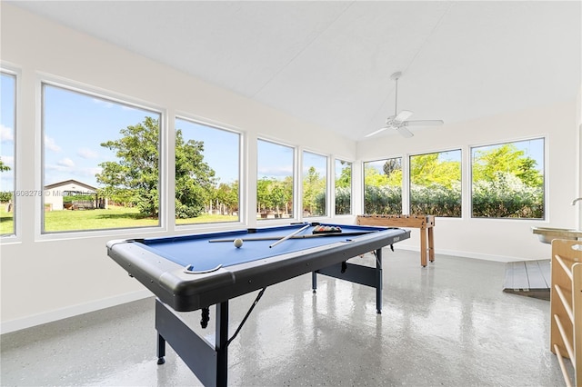 recreation room featuring ceiling fan, a healthy amount of sunlight, and pool table