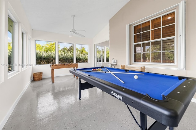 rec room with ceiling fan, vaulted ceiling, and billiards