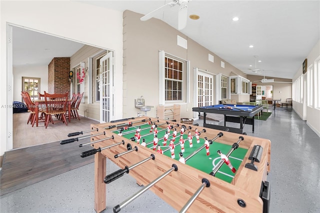 rec room featuring ceiling fan, vaulted ceiling, and pool table