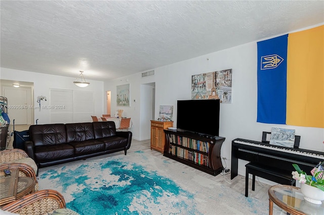 living room featuring a textured ceiling