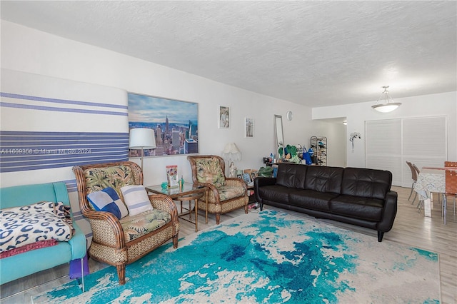 living room featuring hardwood / wood-style floors and a textured ceiling