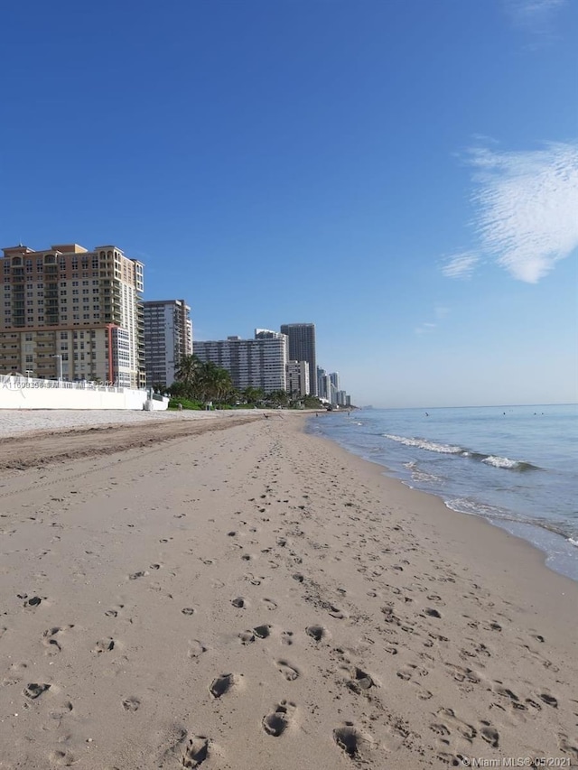 view of water feature with a beach view