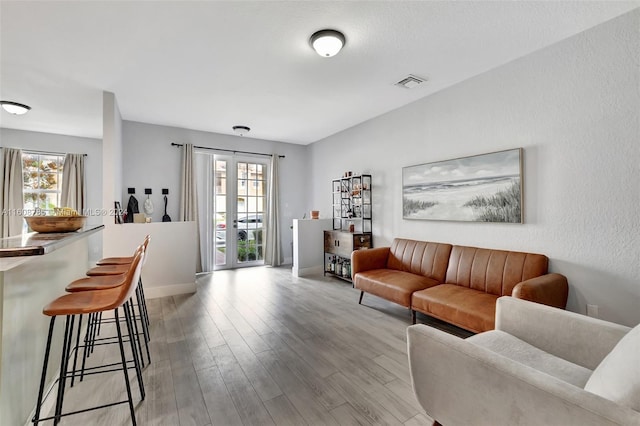 living room with light hardwood / wood-style flooring