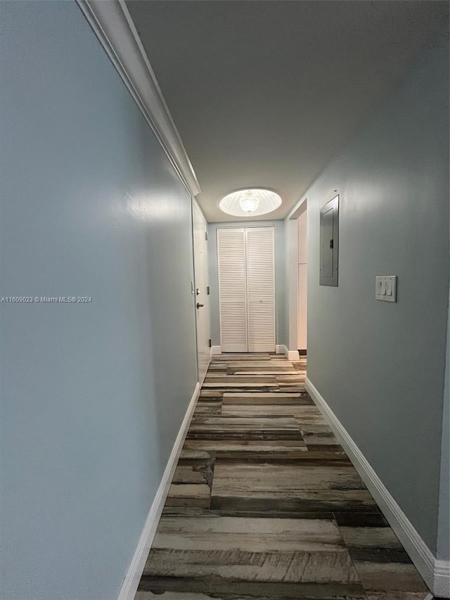 corridor with electric panel and dark hardwood / wood-style floors