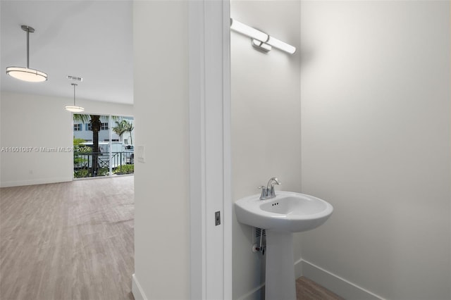 bathroom with wood-type flooring