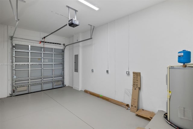 garage with electric water heater, a garage door opener, and electric panel