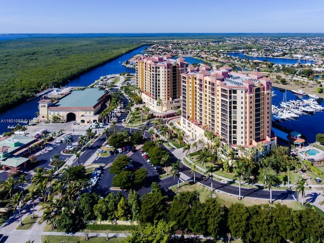 drone / aerial view with a water view