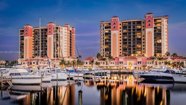 outdoor building at dusk with a water view